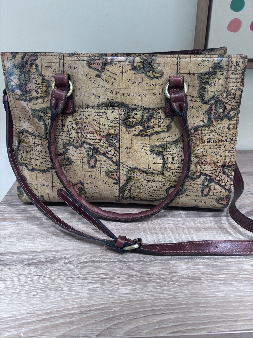 Patricia Nash European Map-Print Tote with Brown Leather Trim